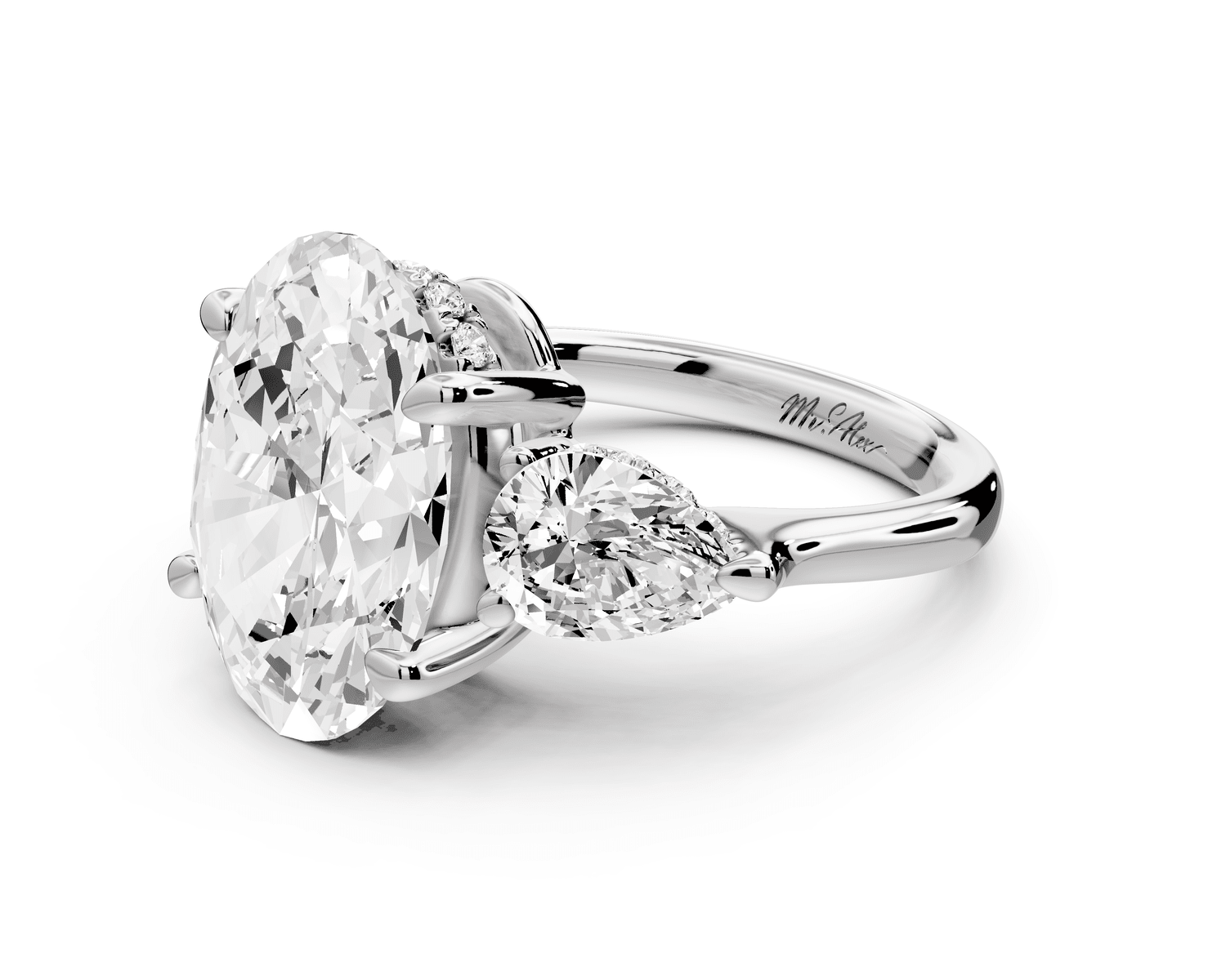 Stella - 5ct 18k white gold Three Stone oval with pears Hidden Halo Engagement Ring - Mr. Alex Jewelry
