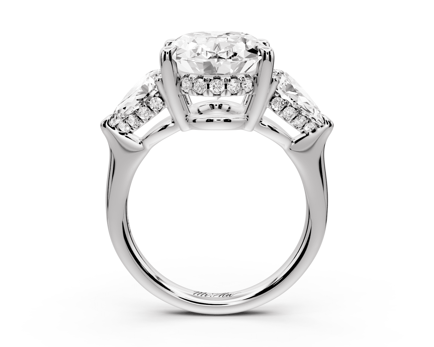 Stella - 5ct 18k white gold Three Stone oval with pears Hidden Halo Engagement Ring - Mr. Alex Jewelry