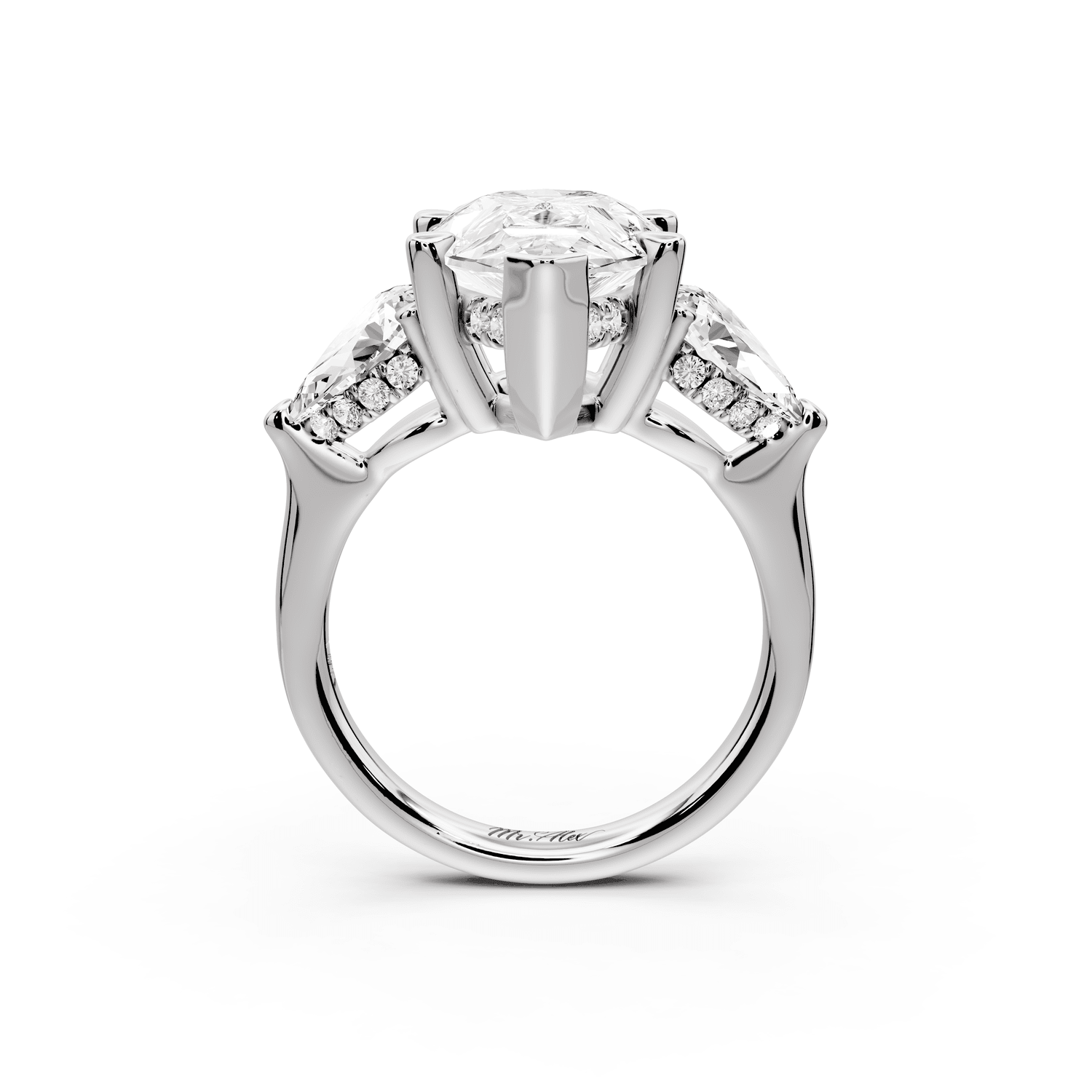 Stella - 5ct 18k white gold Three Stone pear with pears Hidden Halo Engagement Ring - Mr. Alex Jewelry