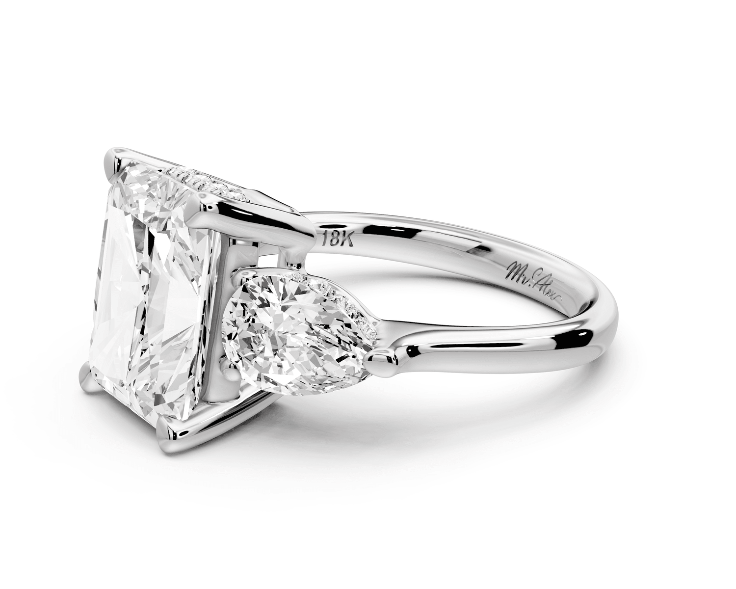 Stella - 5ct 18k white gold Three Stone radiant with pears Hidden Halo Engagement Ring - Mr. Alex Jewelry