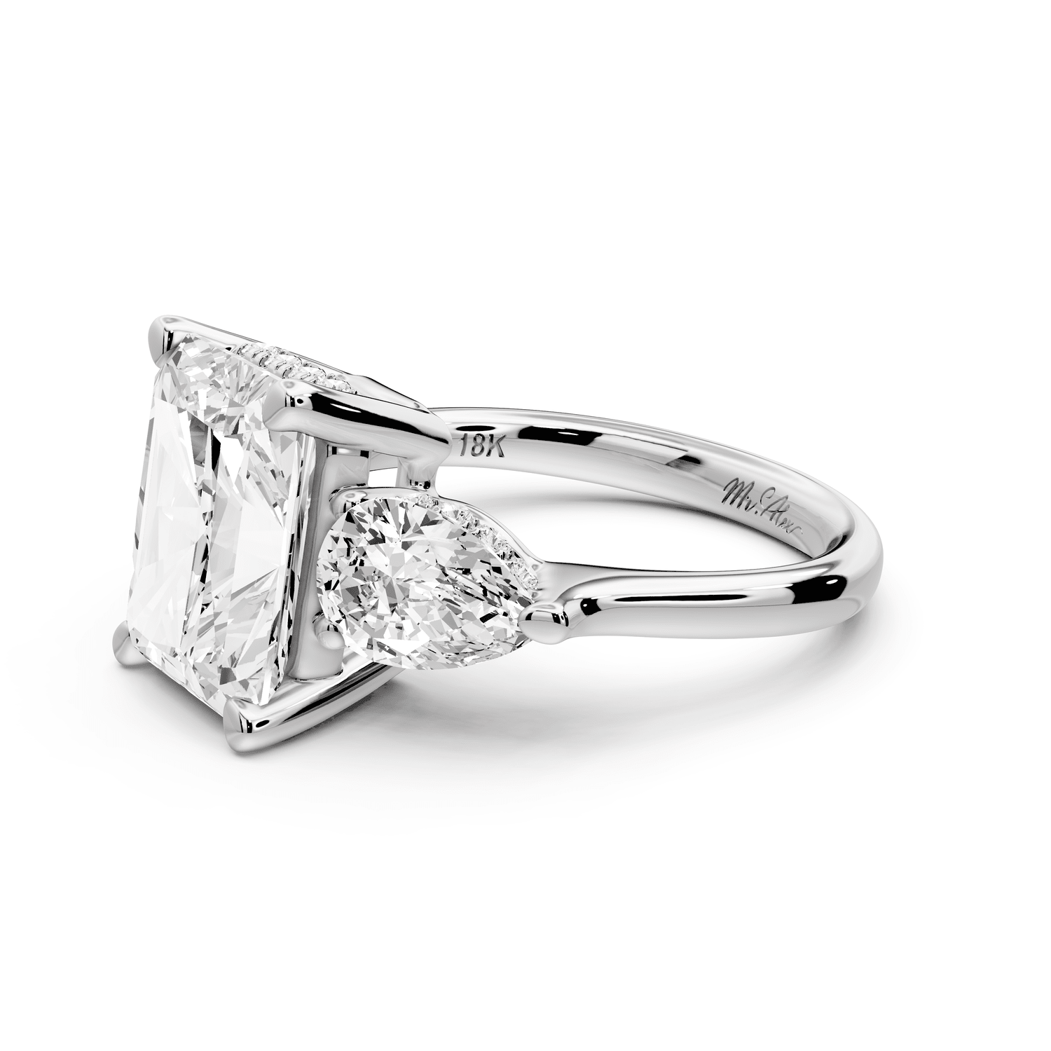 Stella - 5ct 18k white gold Three Stone radiant with pears Hidden Halo Engagement Ring - Mr. Alex Jewelry