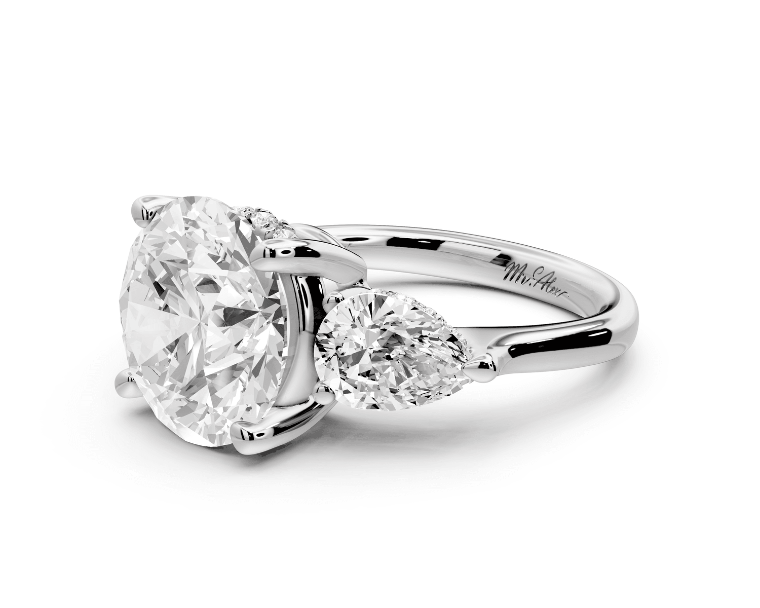 Stella - 5ct 18k white gold Three Stone round with pears Hidden Halo Engagement Ring - Mr. Alex Jewelry
