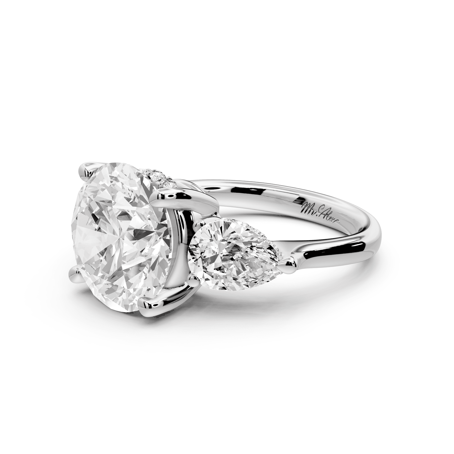 Stella - 5ct 18k white gold Three Stone round with pears Hidden Halo Engagement Ring - Mr. Alex Jewelry