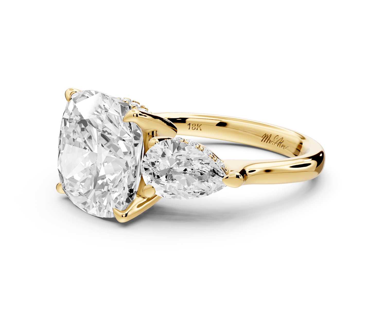 Stella - 5ct 18k yellow gold Three Stone cushion with pears Hidden Halo Engagement Ring - Mr. Alex Jewelry