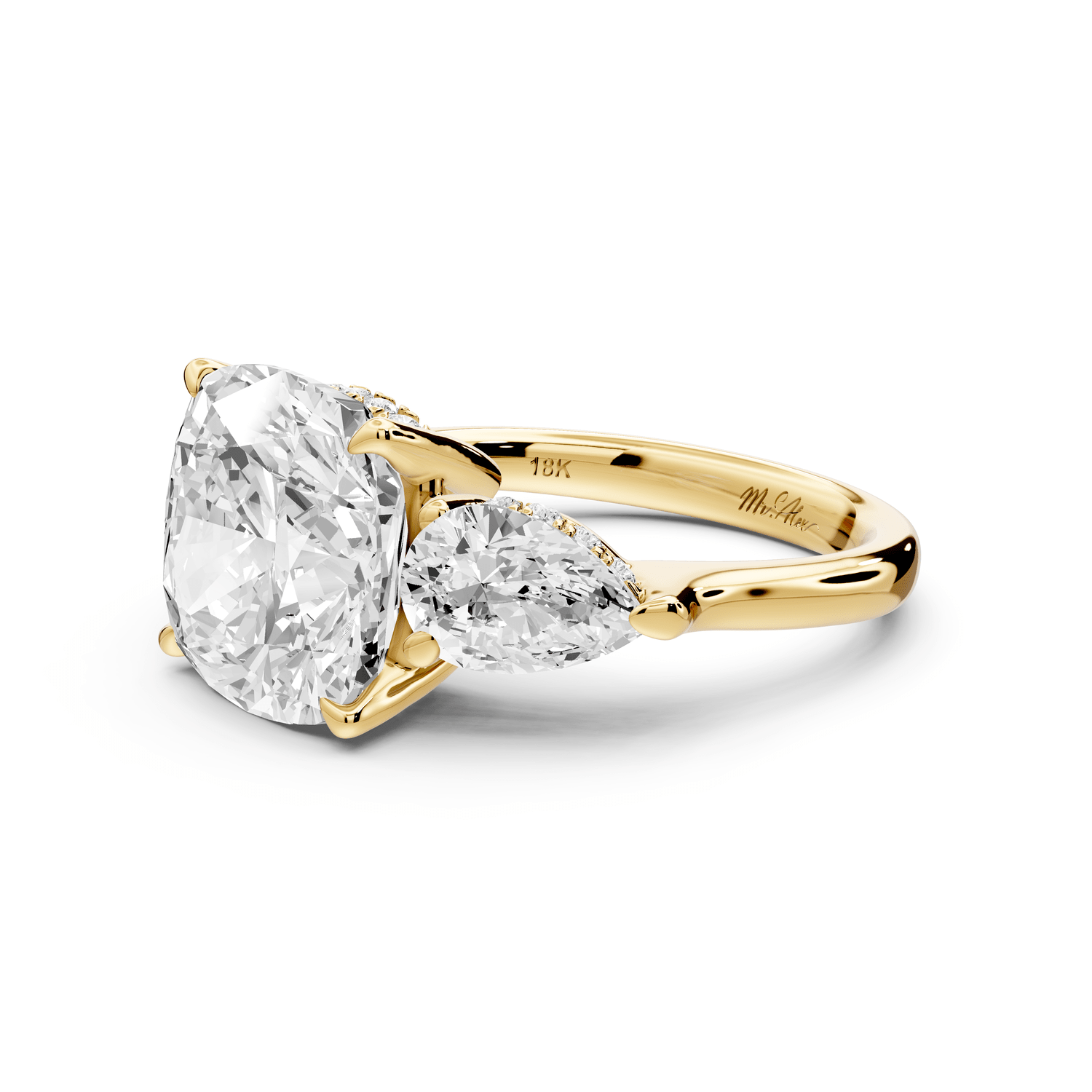 Stella - 5ct 18k yellow gold Three Stone cushion with pears Hidden Halo Engagement Ring - Mr. Alex Jewelry