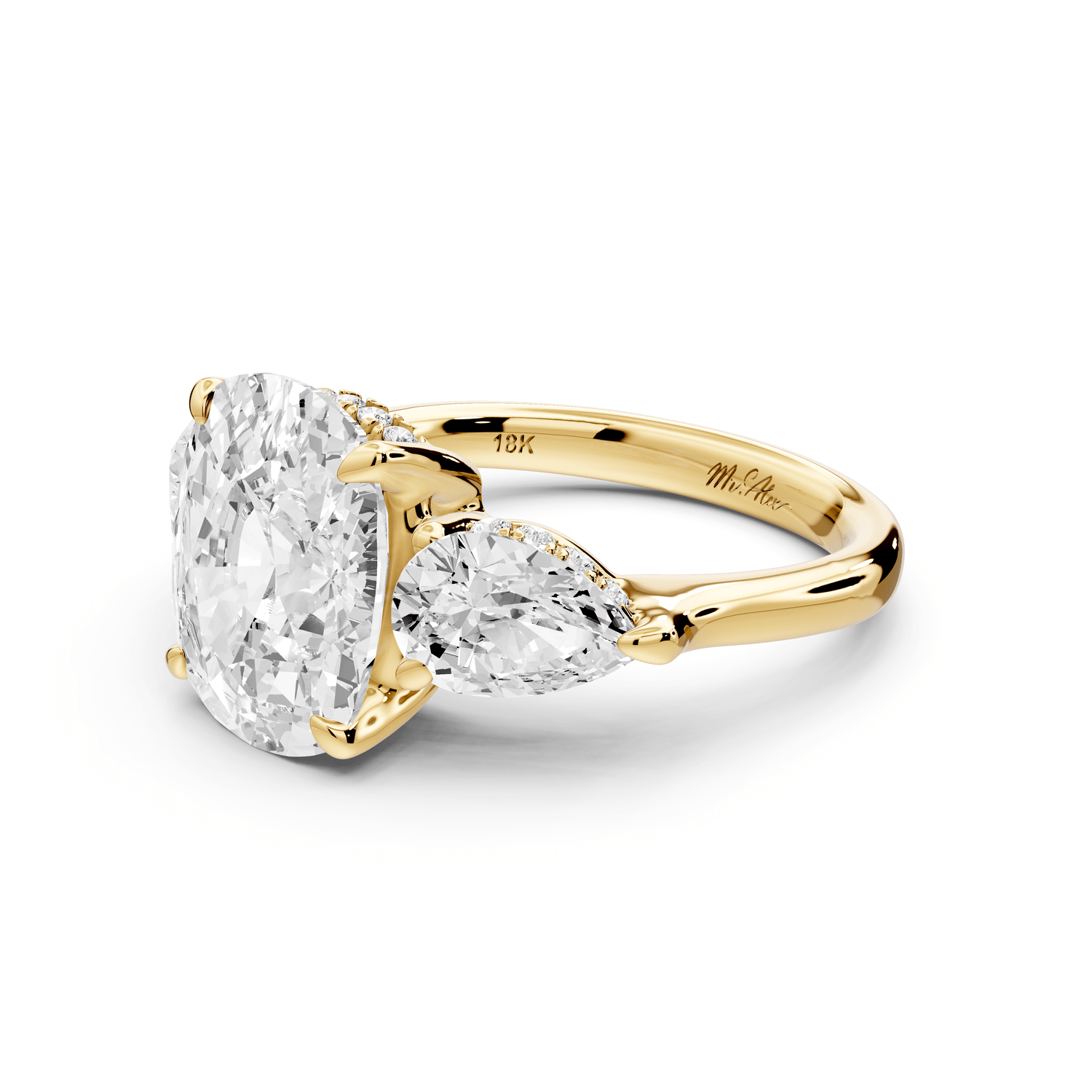 Stella - 5ct 18k yellow gold Three Stone ecushion with pears Hidden Halo Engagement Ring - Mr. Alex Jewelry