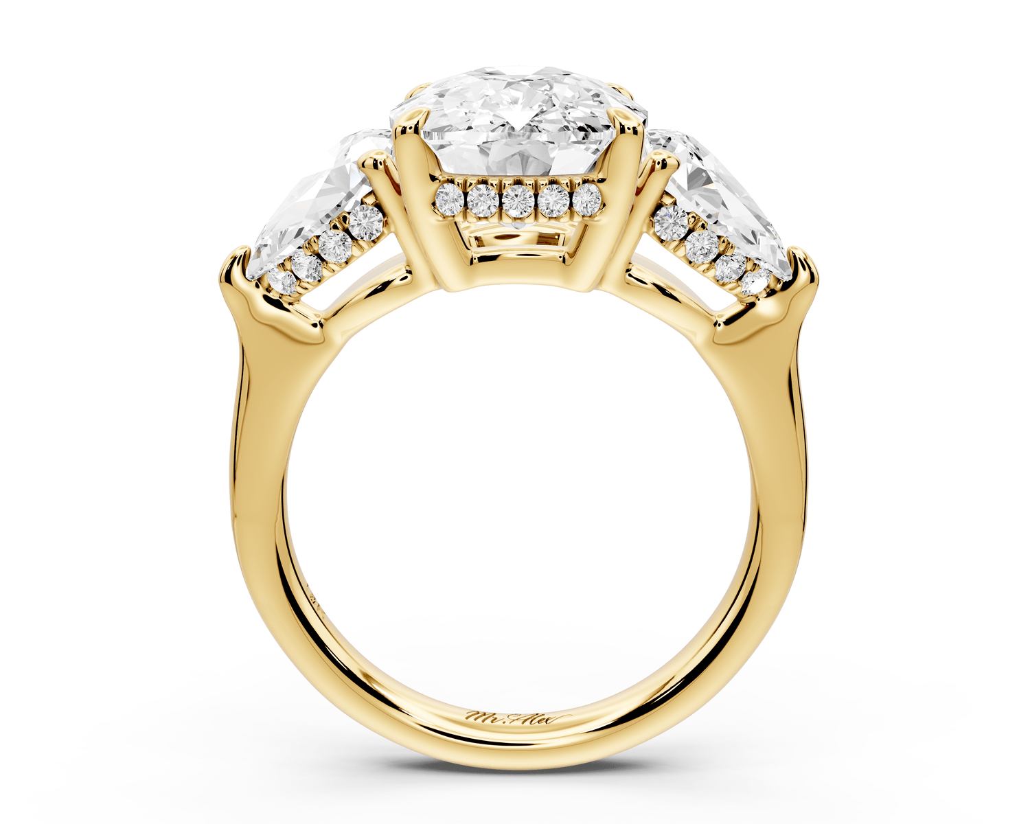 Stella - 5ct 18k yellow gold Three Stone ecushion with pears Hidden Halo Engagement Ring - Mr. Alex Jewelry
