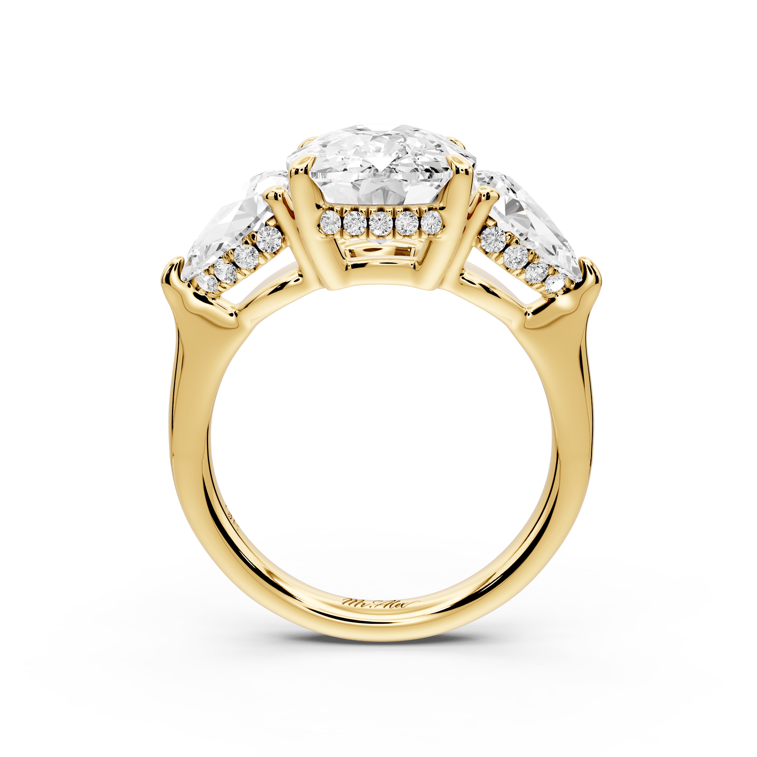 Stella - 5ct 18k yellow gold Three Stone ecushion with pears Hidden Halo Engagement Ring - Mr. Alex Jewelry