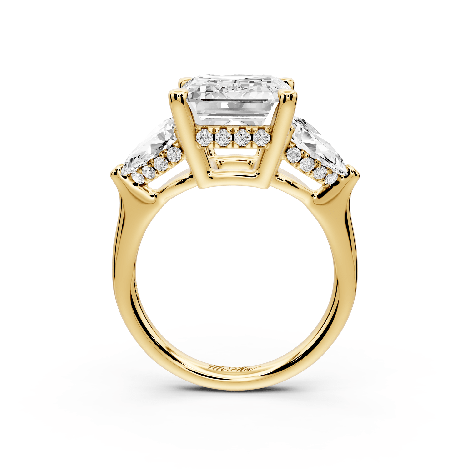 Stella - 5ct 18k yellow gold Three Stone emerald with pears Hidden Halo Engagement Ring - Mr. Alex Jewelry
