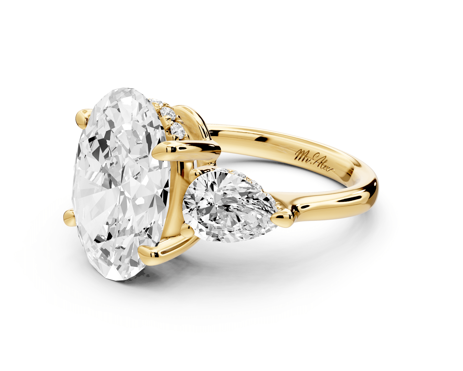 Stella - 5ct 18k yellow gold Three Stone oval with pears Hidden Halo Engagement Ring - Mr. Alex Jewelry