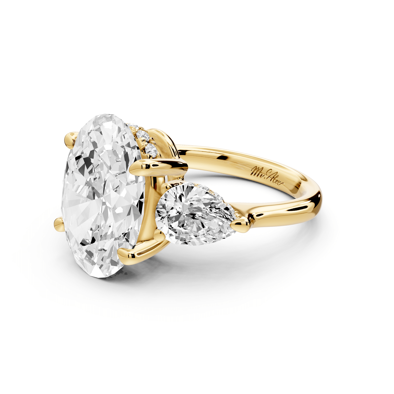 Stella - 5ct 18k yellow gold Three Stone oval with pears Hidden Halo Engagement Ring - Mr. Alex Jewelry