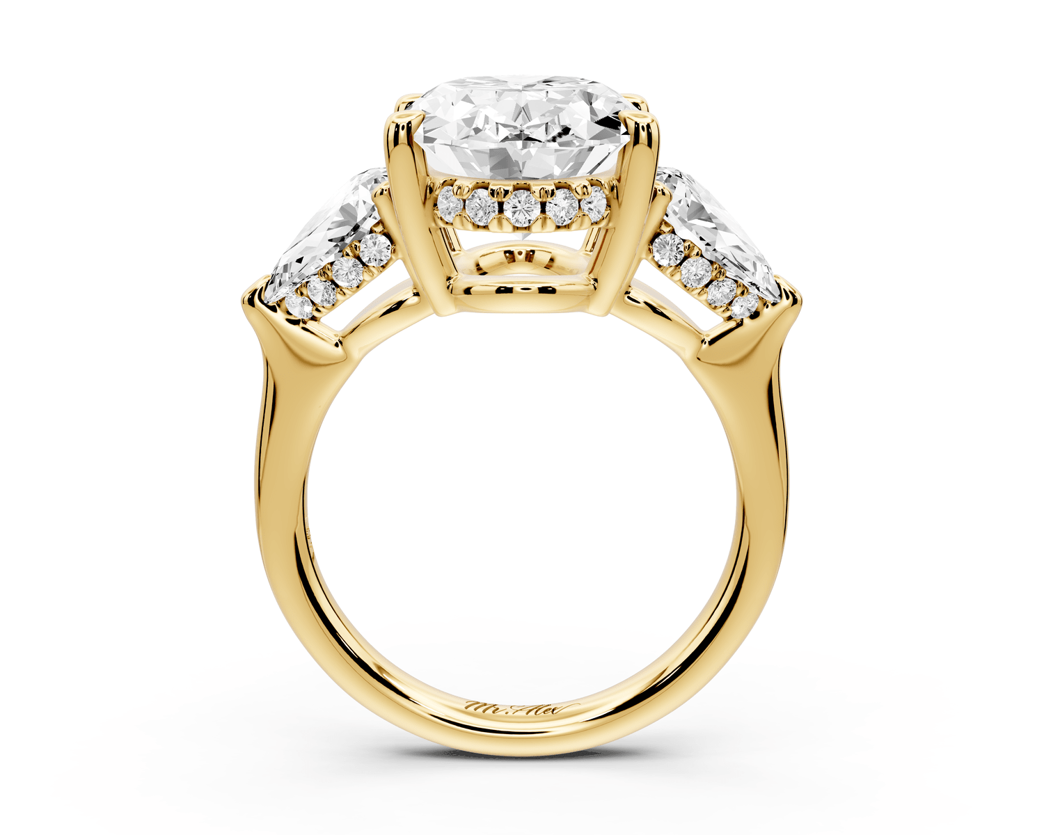 Stella - 5ct 18k yellow gold Three Stone oval with pears Hidden Halo Engagement Ring - Mr. Alex Jewelry