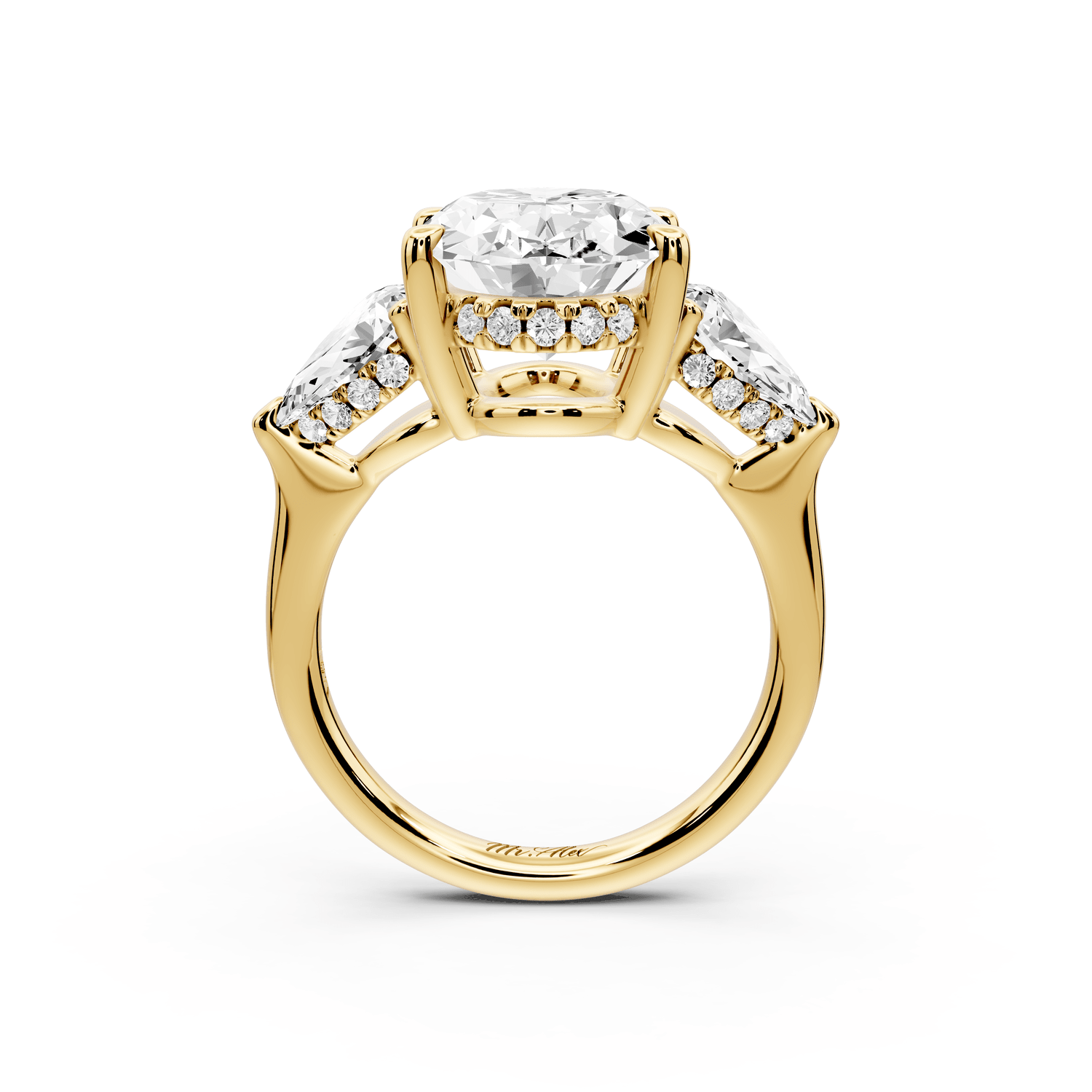 Stella - 5ct 18k yellow gold Three Stone oval with pears Hidden Halo Engagement Ring - Mr. Alex Jewelry