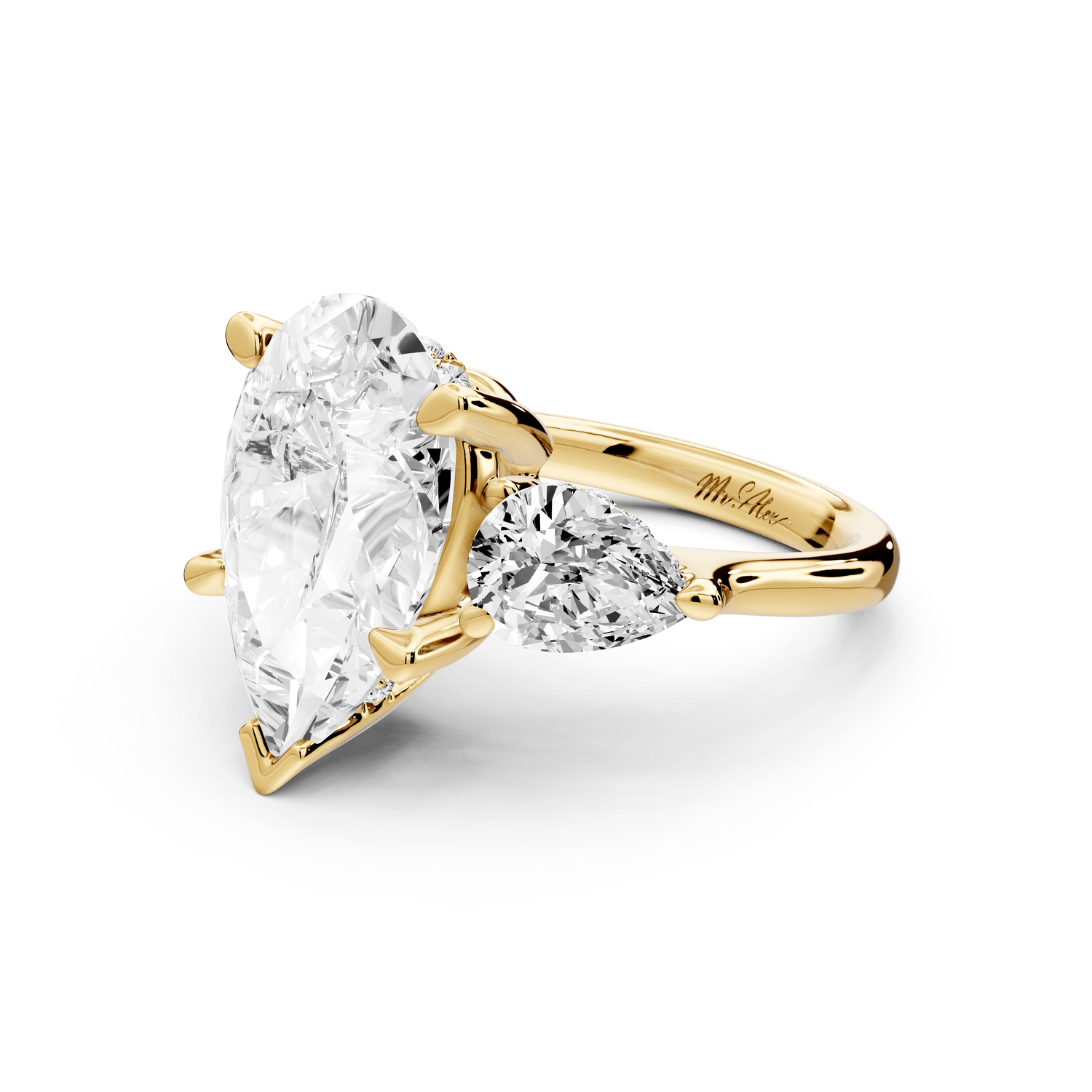 Stella - 5ct 18k yellow gold Three Stone pear with pears Hidden Halo Engagement Ring - Mr. Alex Jewelry