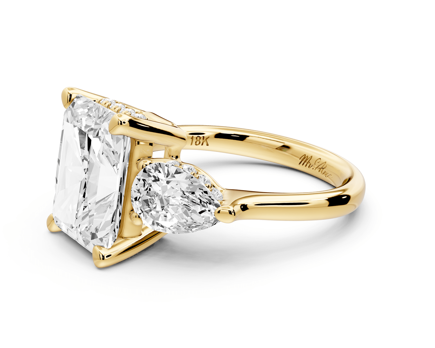 Stella - 5ct 18k yellow gold Three Stone radiant with pears Hidden Halo Engagement Ring - Mr. Alex Jewelry