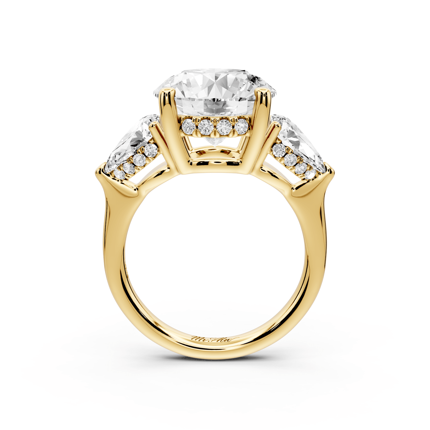 Stella - 5ct 18k yellow gold Three Stone round with pears Hidden Halo Engagement Ring - Mr. Alex Jewelry