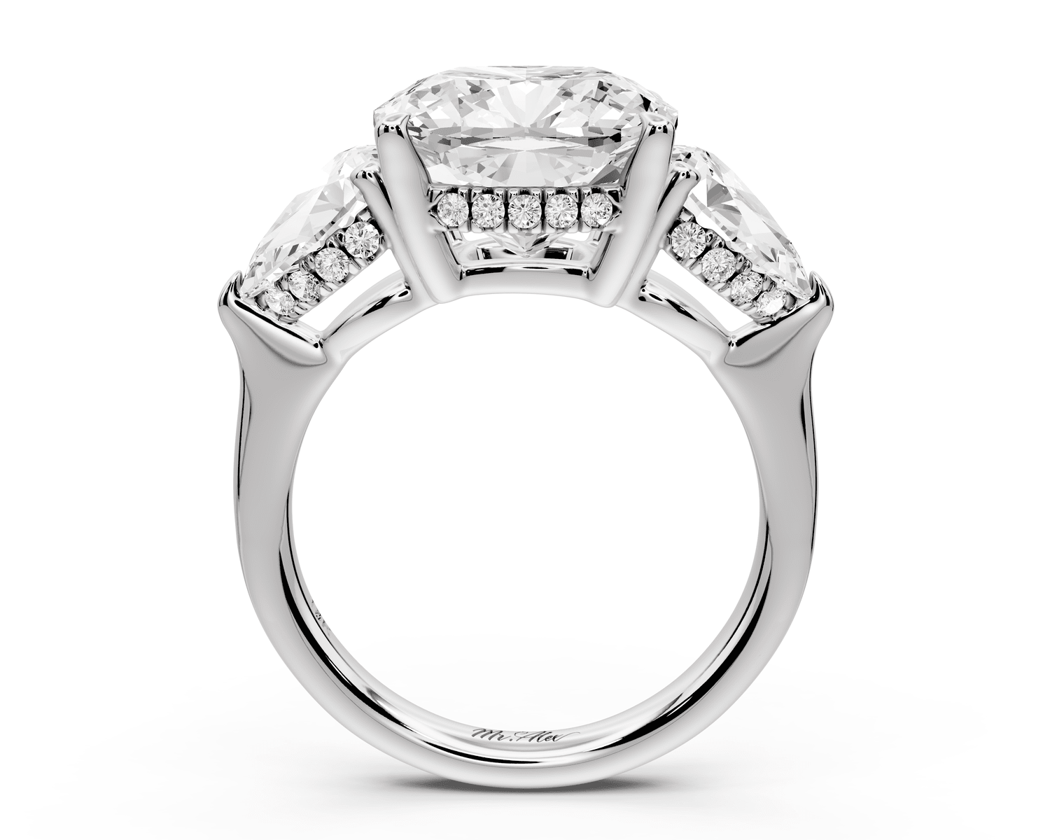 Stella - 5ct platinum Three Stone cushion with pears Hidden Halo Engagement Ring - Mr. Alex Jewelry