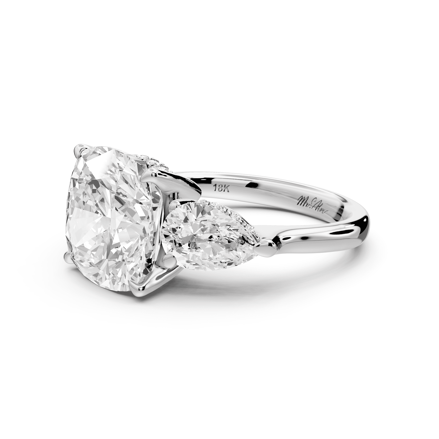 Stella - 5ct platinum Three Stone cushion with pears Hidden Halo Engagement Ring - Mr. Alex Jewelry