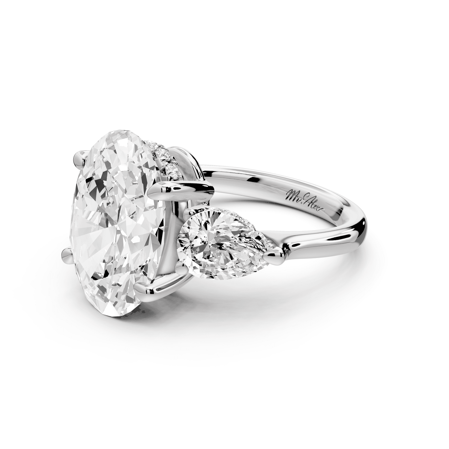 Stella - 5ct platinum Three Stone oval with pears Hidden Halo Engagement Ring - Mr. Alex Jewelry