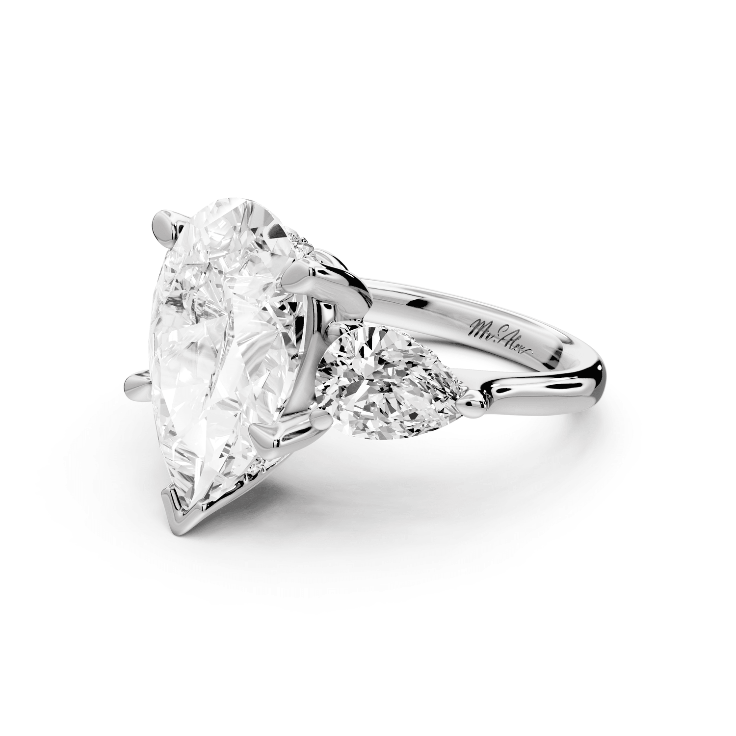 Stella - 5ct platinum Three Stone pear with pears Hidden Halo Engagement Ring - Mr. Alex Jewelry