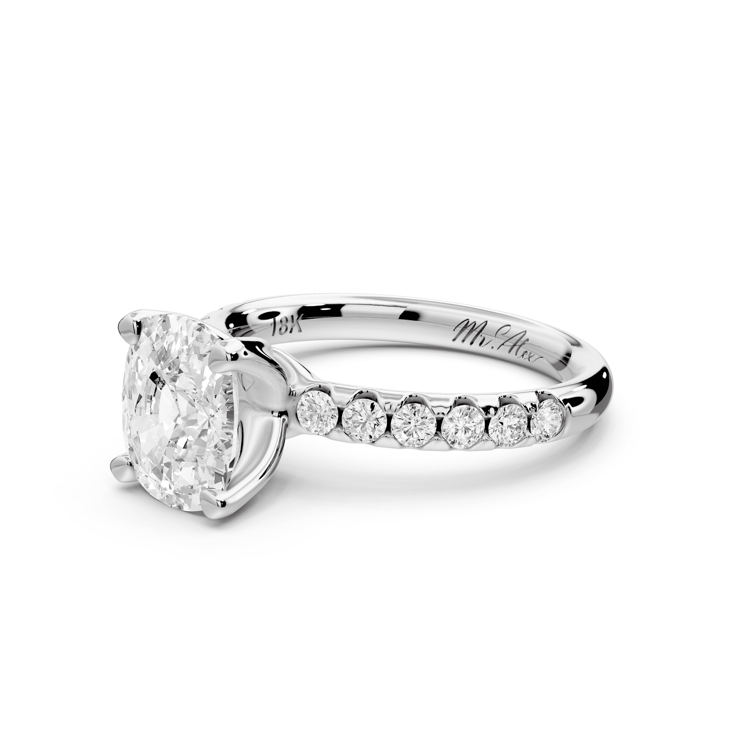 Valeria - 2ct 14k white gold ecushion Scalloped Pavé Half Band Engagement Ring - Mr. Alex Jewelry
