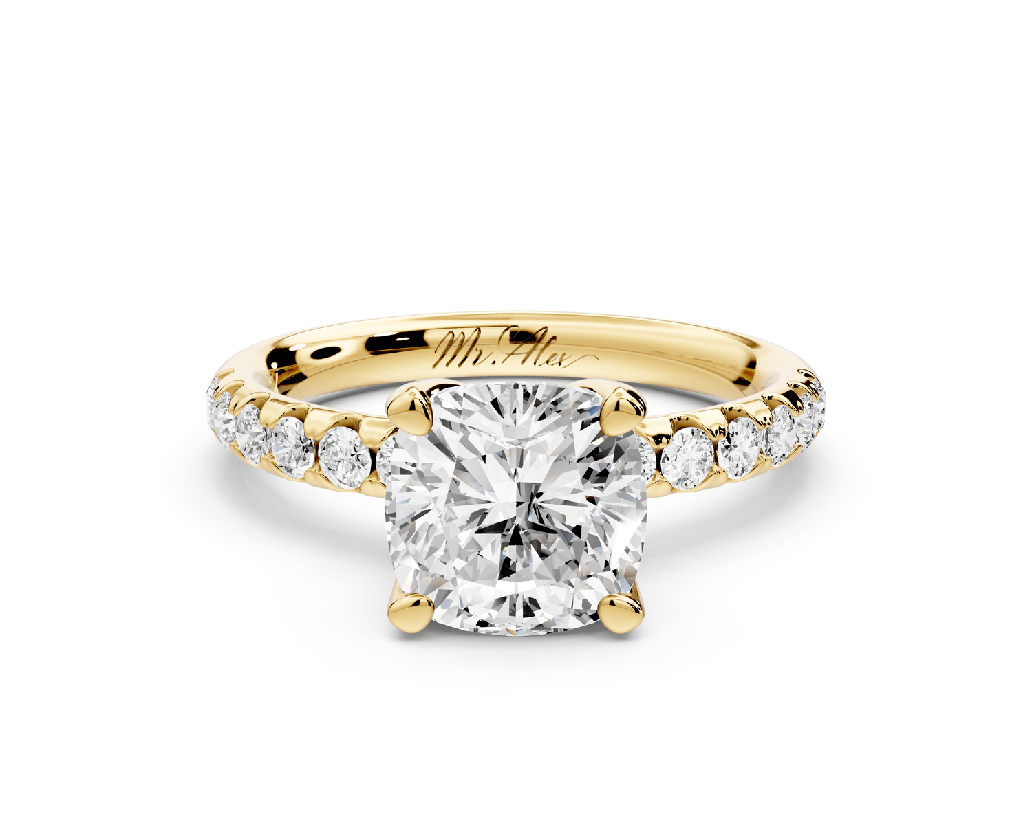 Valeria - 2ct 14k yellow gold cushion Scalloped Pavé Half Band Engagement Ring - Mr. Alex Jewelry
