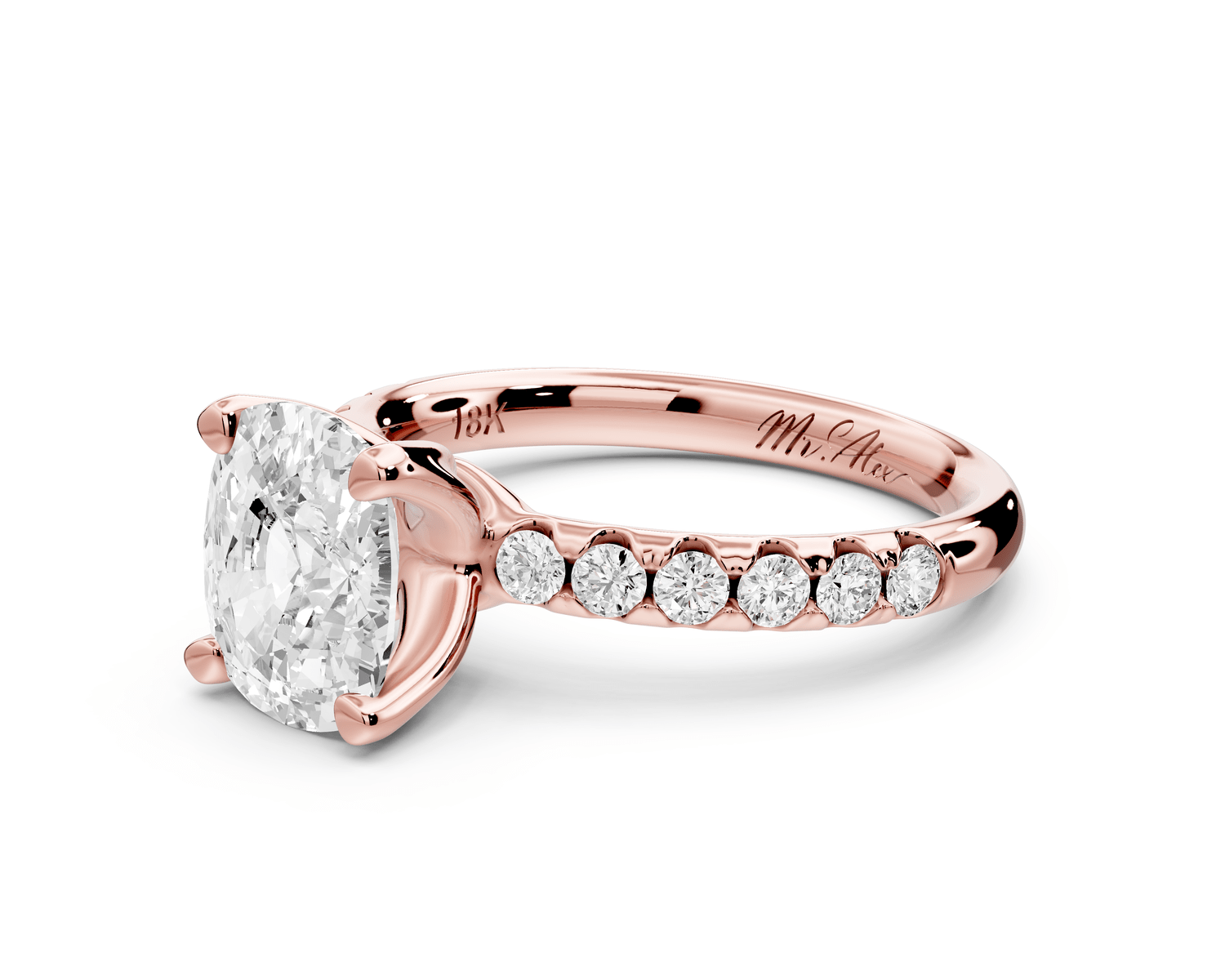 Valeria - 2ct 18k rose gold ecushion Scalloped Pavé Half Band Engagement Ring - Mr. Alex Jewelry