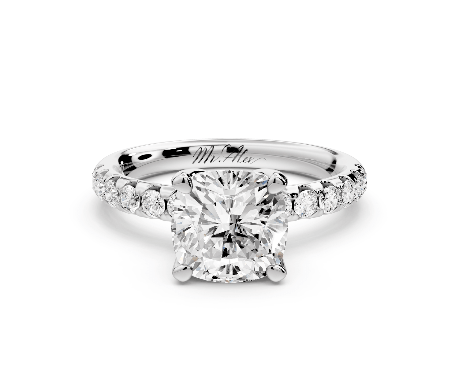 Valeria - 2ct 18k white gold cushion Scalloped Pavé Half Band Engagement Ring - Mr. Alex Jewelry
