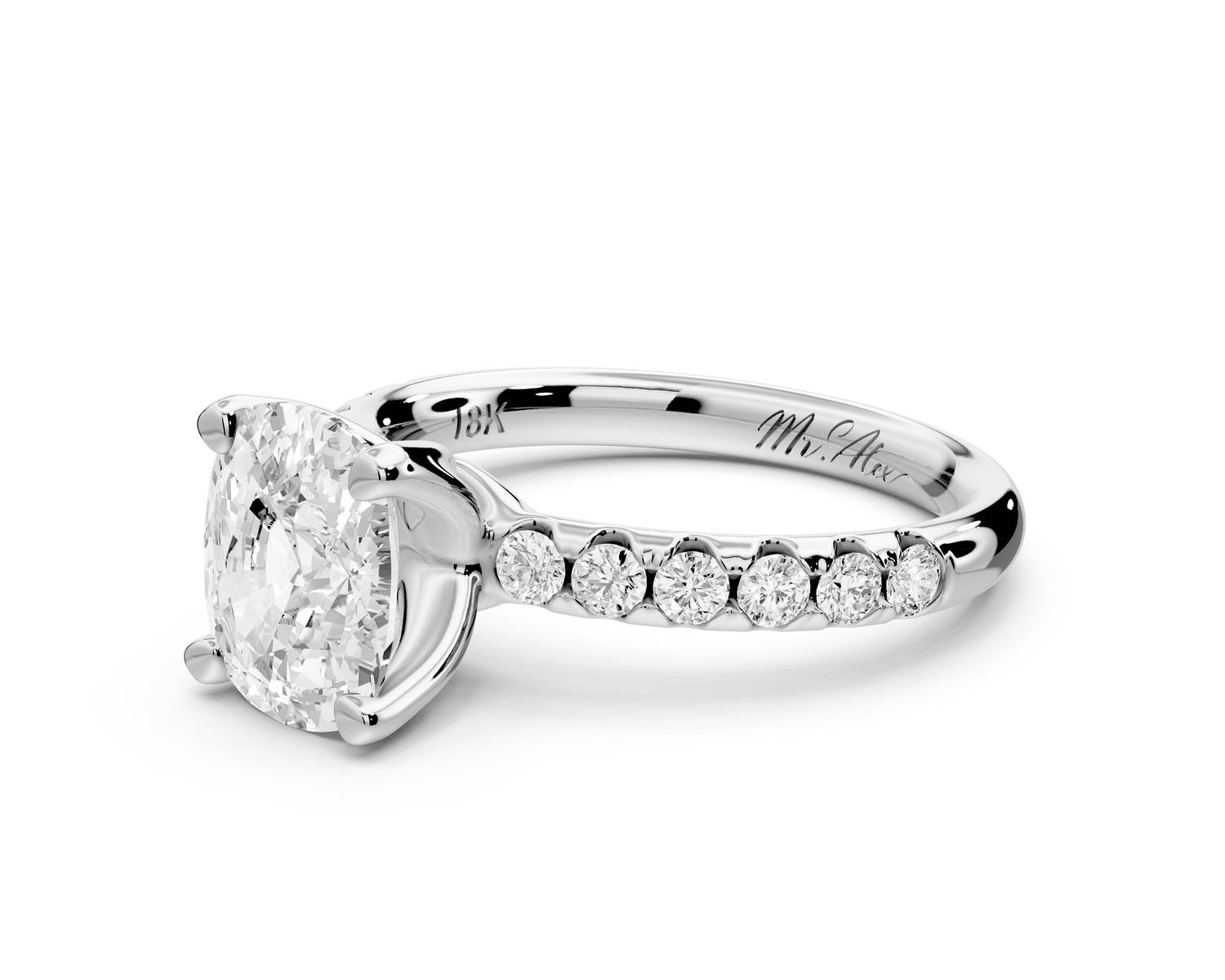 Valeria - 2ct 18k white gold ecushion Scalloped Pavé Half Band Engagement Ring - Mr. Alex Jewelry