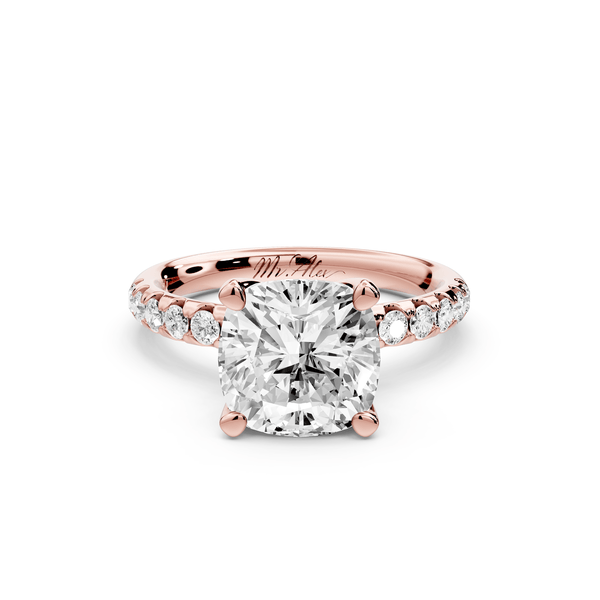 Valeria - 3ct 14k rose gold cushion Scalloped Pavé Half Band Engagement Ring - Mr. Alex Jewelry