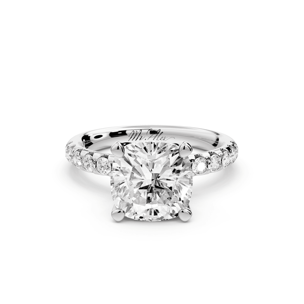 Valeria - 3ct 14k white gold cushion Scalloped Pavé Half Band Engagement Ring - Mr. Alex Jewelry
