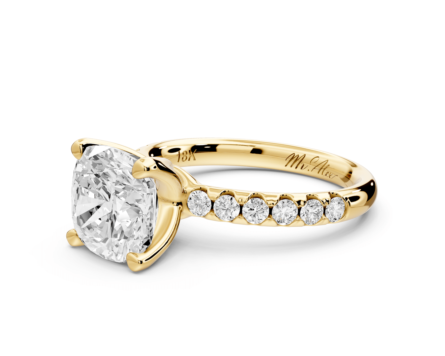 Valeria - 3ct 14k yellow gold cushion Scalloped Pavé Half Band Engagement Ring - Mr. Alex Jewelry
