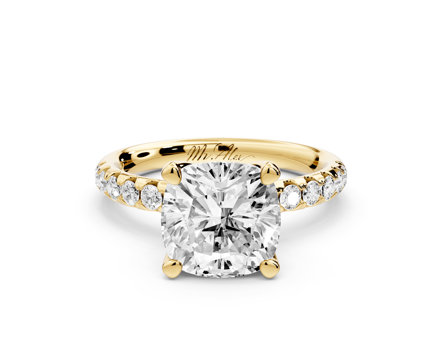 Valeria - 3ct 14k yellow gold cushion Scalloped Pavé Half Band Engagement Ring - Mr. Alex Jewelry