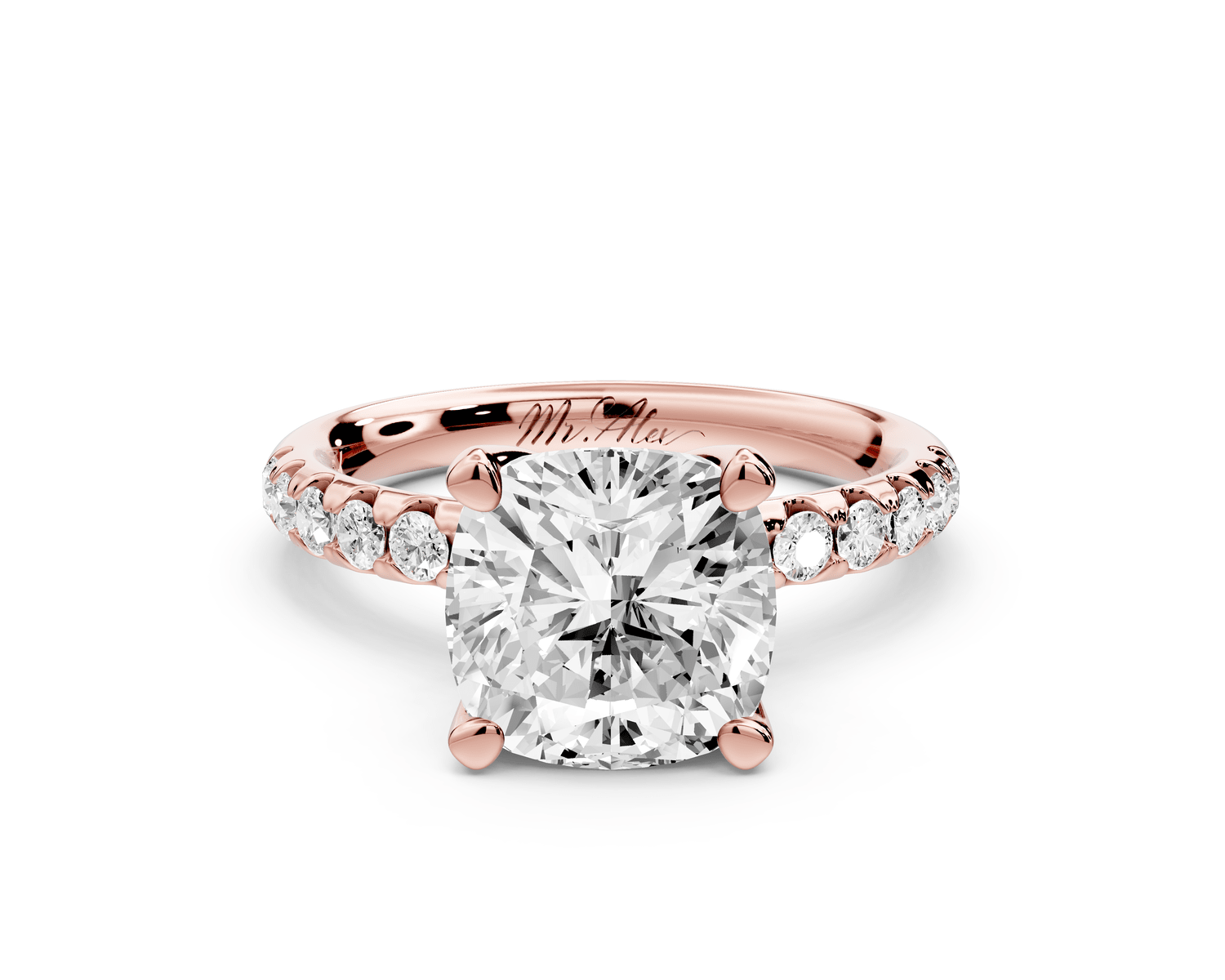 Valeria - 3ct 18k rose gold cushion Scalloped Pavé Half Band Engagement Ring - Mr. Alex Jewelry