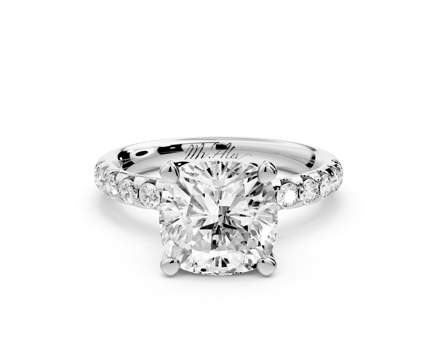 Valeria - 3ct 18k white gold cushion Scalloped Pavé Half Band Engagement Ring - Mr. Alex Jewelry