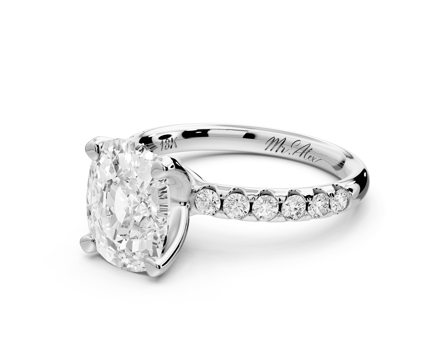 Valeria - 3ct 18k white gold ecushion Scalloped Pavé Half Band Engagement Ring - Mr. Alex Jewelry