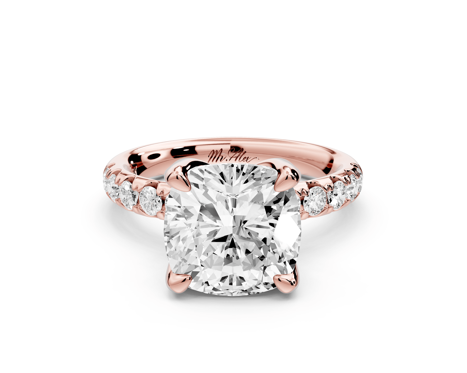 Valeria - 4ct 14k rose gold cushion Scalloped Pavé Half Band Engagement Ring - Mr. Alex Jewelry