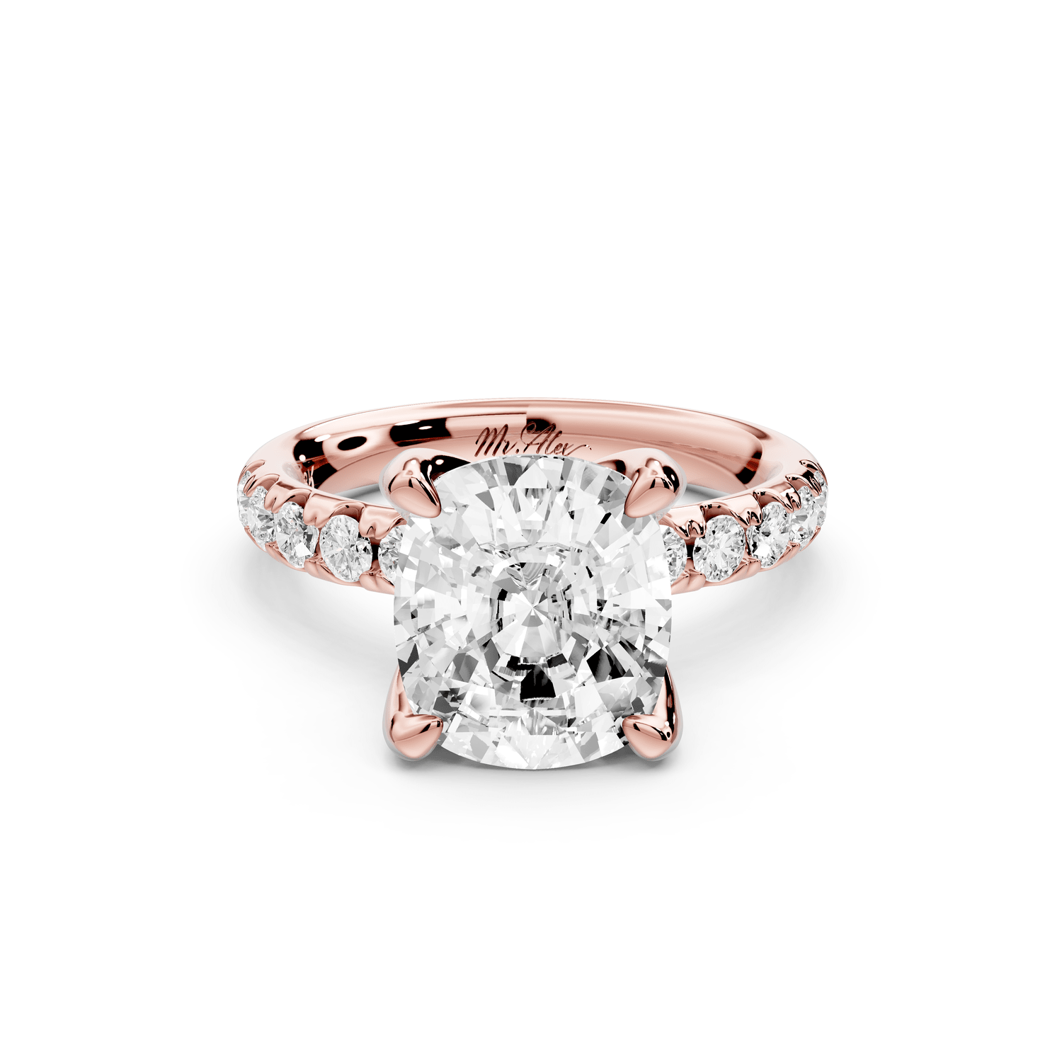 Valeria - 4ct 14k rose gold ecushion Scalloped Pavé Half Band Engagement Ring - Mr. Alex Jewelry