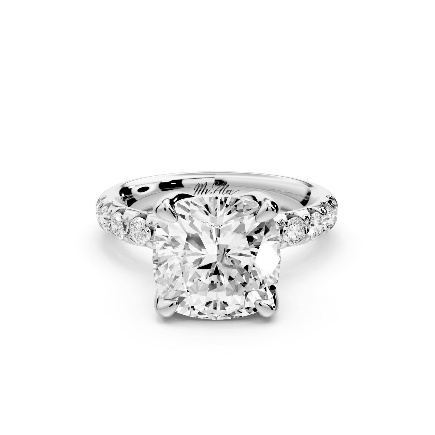 Valeria - 4ct 14k white gold cushion Scalloped Pavé Half Band Engagement Ring - Mr. Alex Jewelry