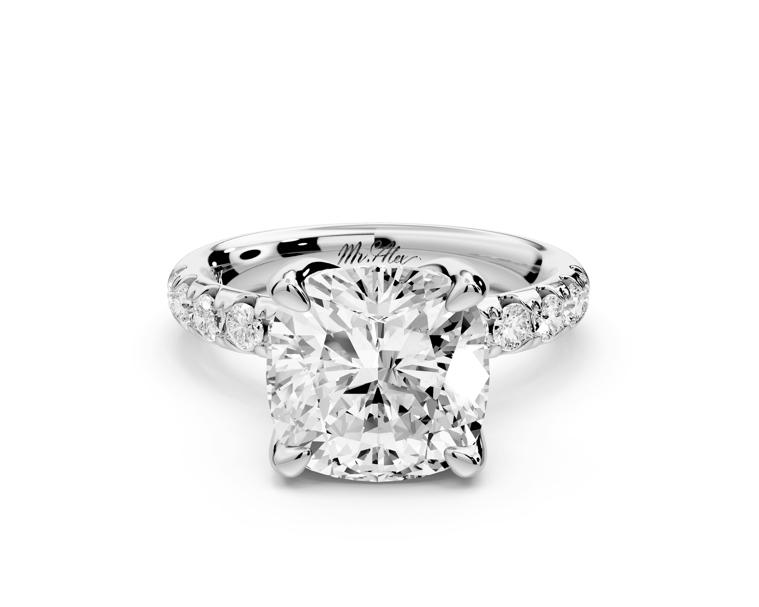 Valeria - 4ct 18k white gold cushion Scalloped Pavé Half Band Engagement Ring - Mr. Alex Jewelry