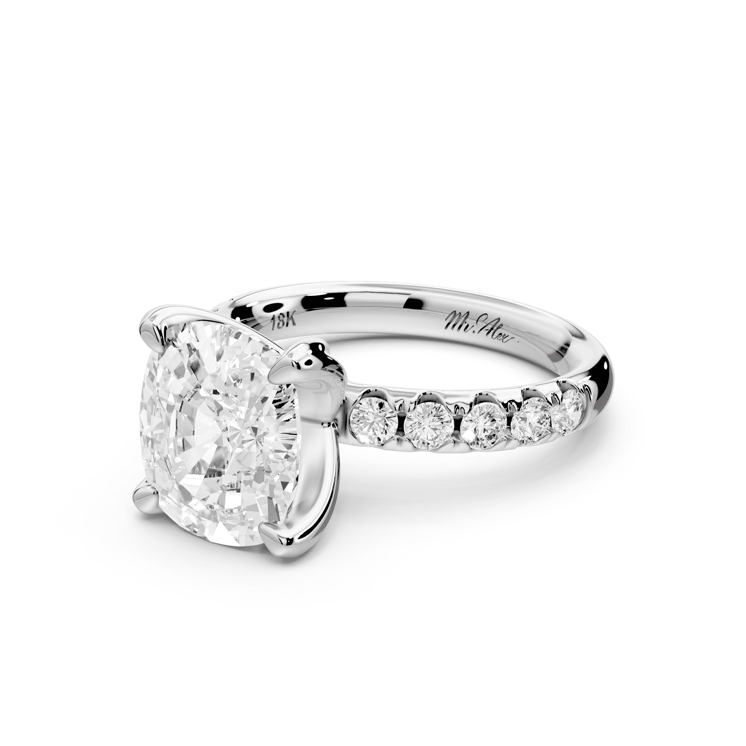 Valeria - 4ct 18k white gold ecushion Scalloped Pavé Half Band Engagement Ring - Mr. Alex Jewelry