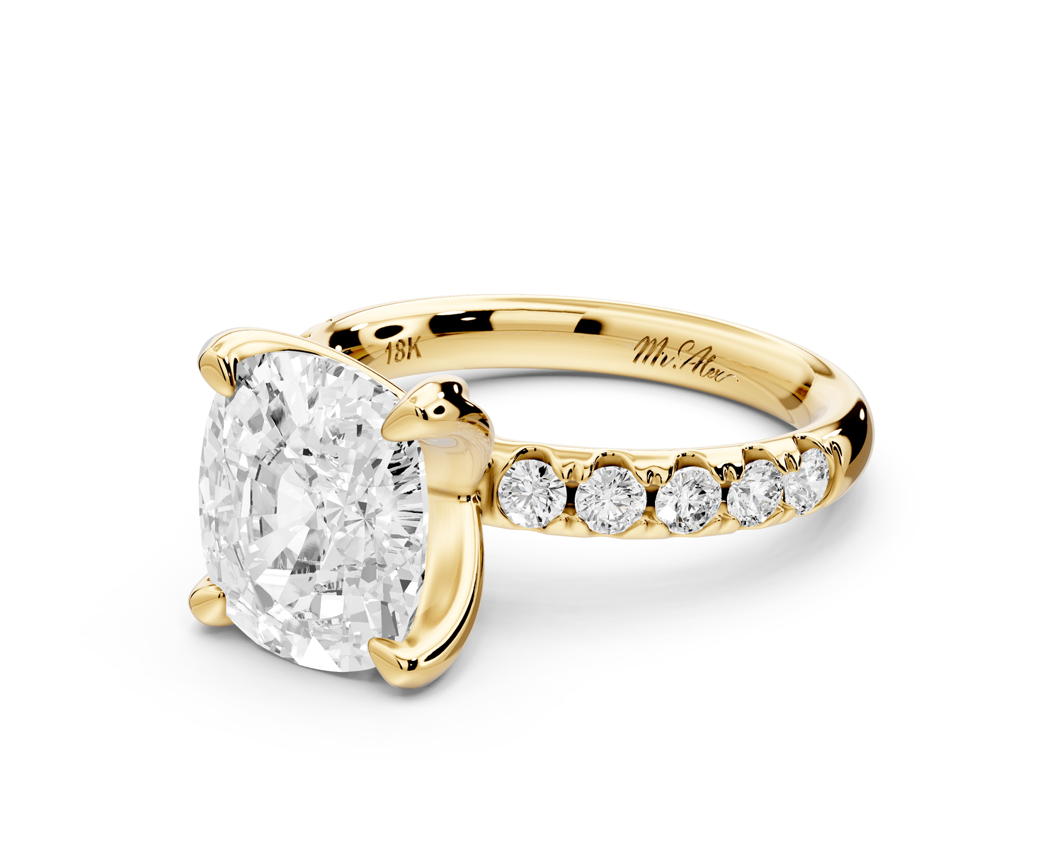 Valeria - 4ct 18k yellow gold ecushion Scalloped Pavé Half Band Engagement Ring - Mr. Alex Jewelry