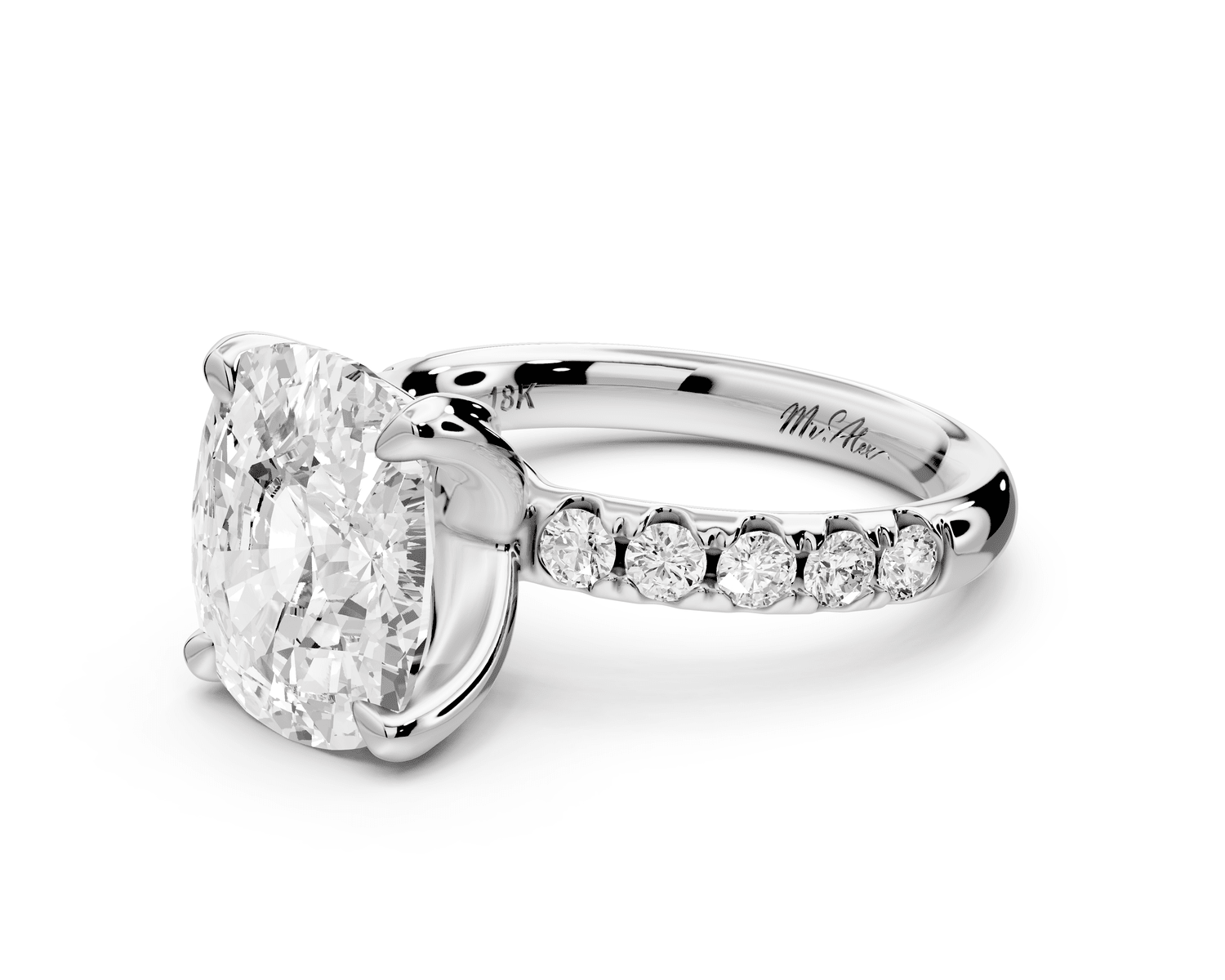 Valeria - 5ct 18k white gold ecushion Scalloped Pavé Half Band Engagement Ring - Mr. Alex Jewelry