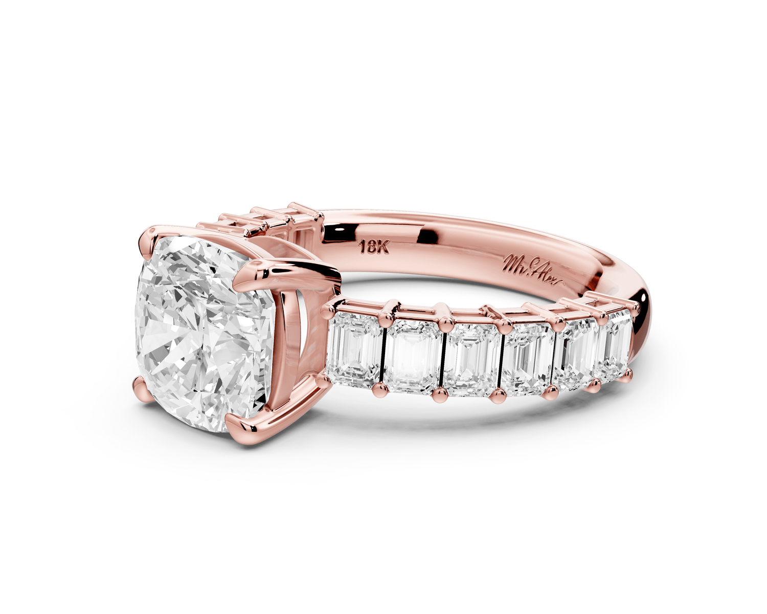 Violetta - 2ct 14k rose gold cushion diamond with emerald cut accent stones engagement ring - Mr. Alex Jewelry