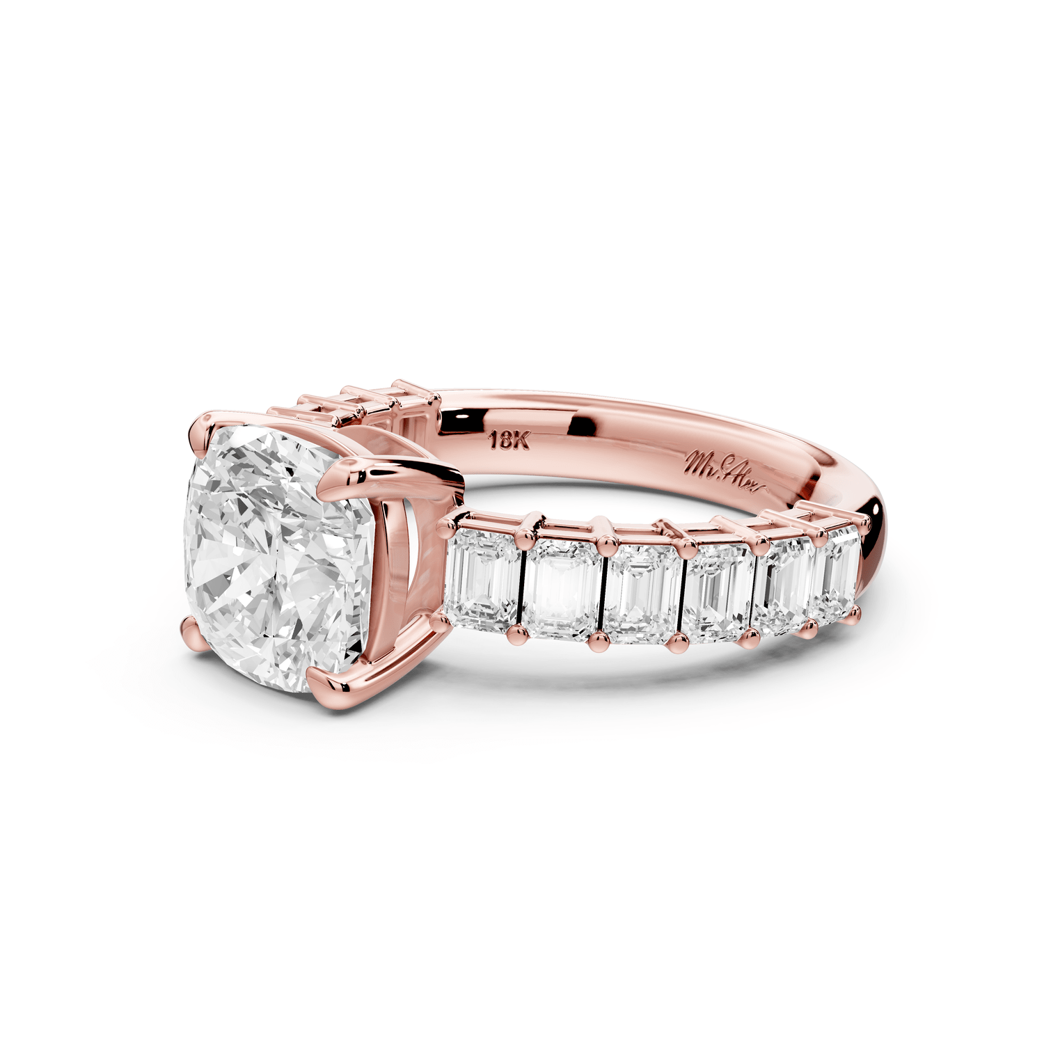 Violetta - 2ct 14k rose gold cushion diamond with emerald cut accent stones engagement ring - Mr. Alex Jewelry
