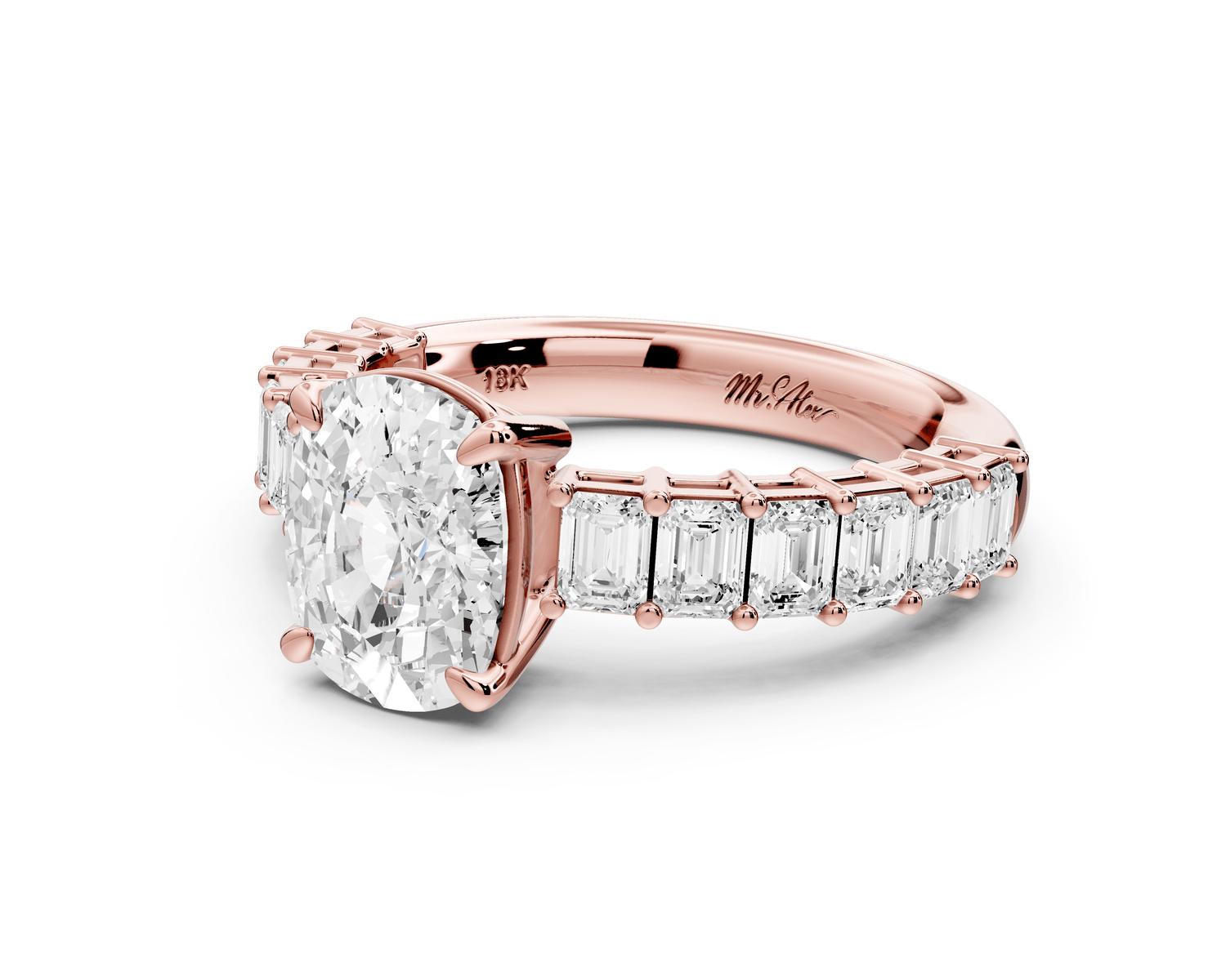 Violetta - 2ct 14k rose gold ecushion diamond with emerald cut accent stones engagement ring - Mr. Alex Jewelry