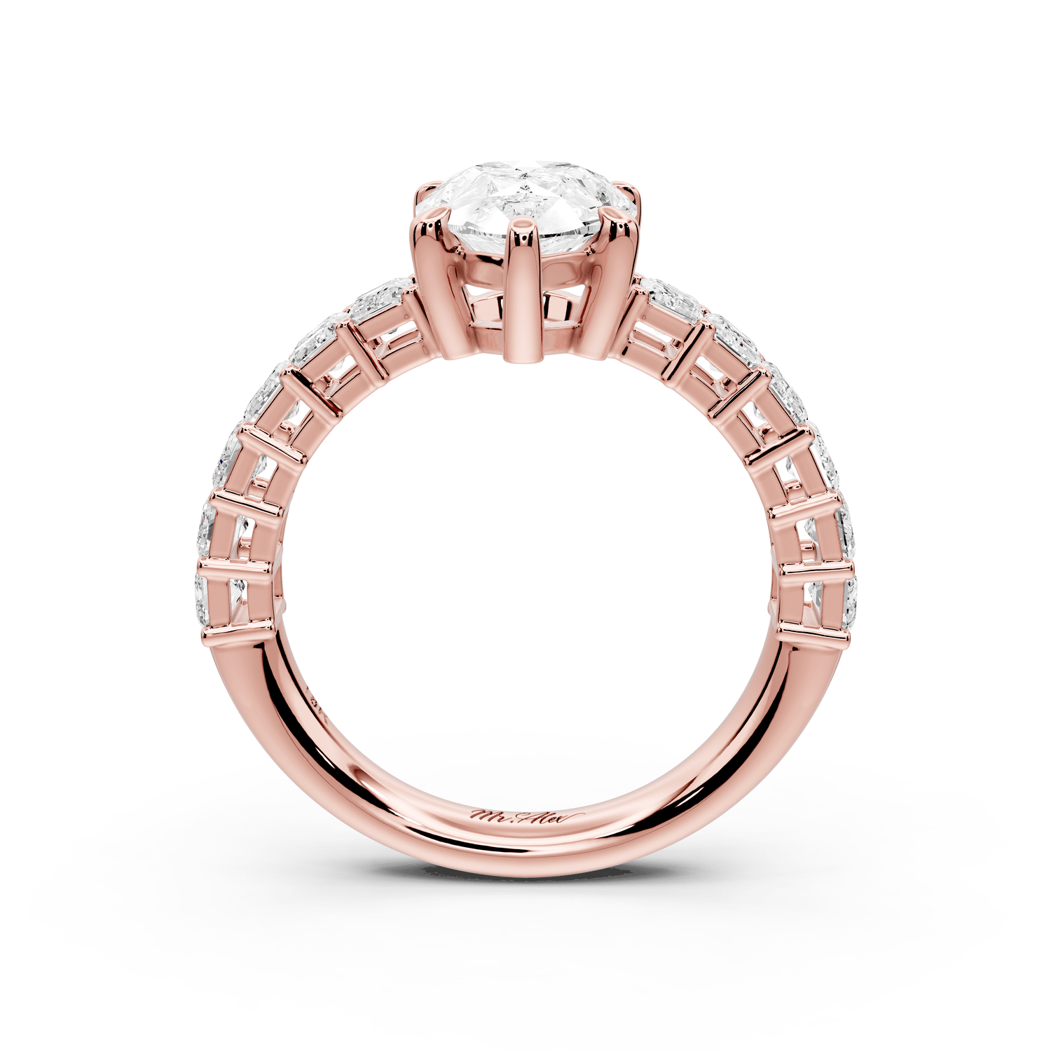 Violetta - 2ct 14k rose gold pear diamond with emerald cut accent stones engagament ring - Mr. Alex Jewelry