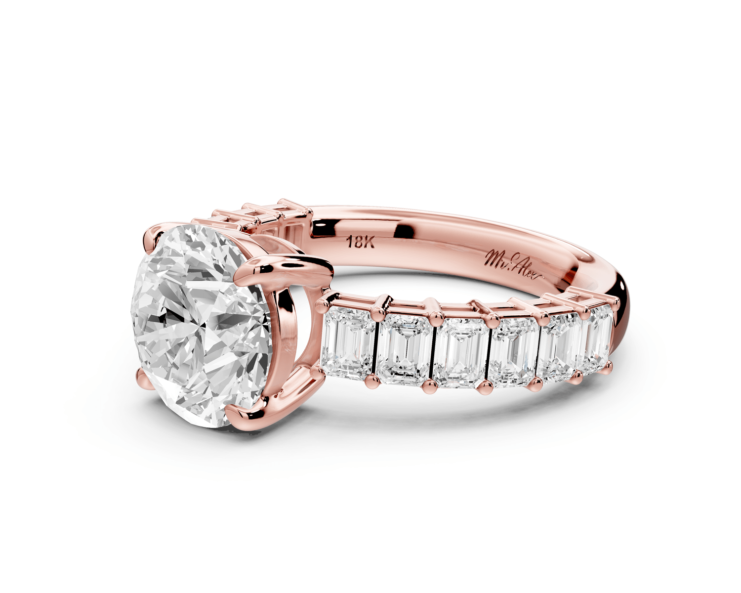 Violetta - 2ct 14k rose gold round diamond with emerald cut accent stones engagement ring - Mr. Alex Jewelry