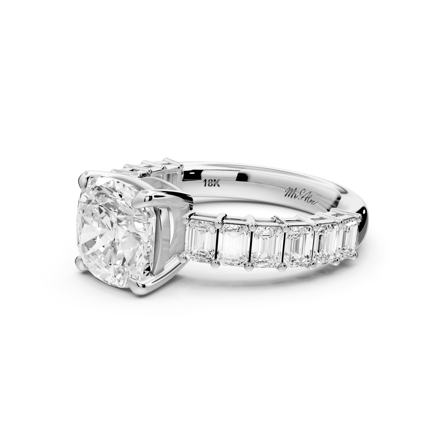Violetta - 2ct 14k white gold cushion diamond with emerald cut accent stones engagement ring - Mr. Alex Jewelry