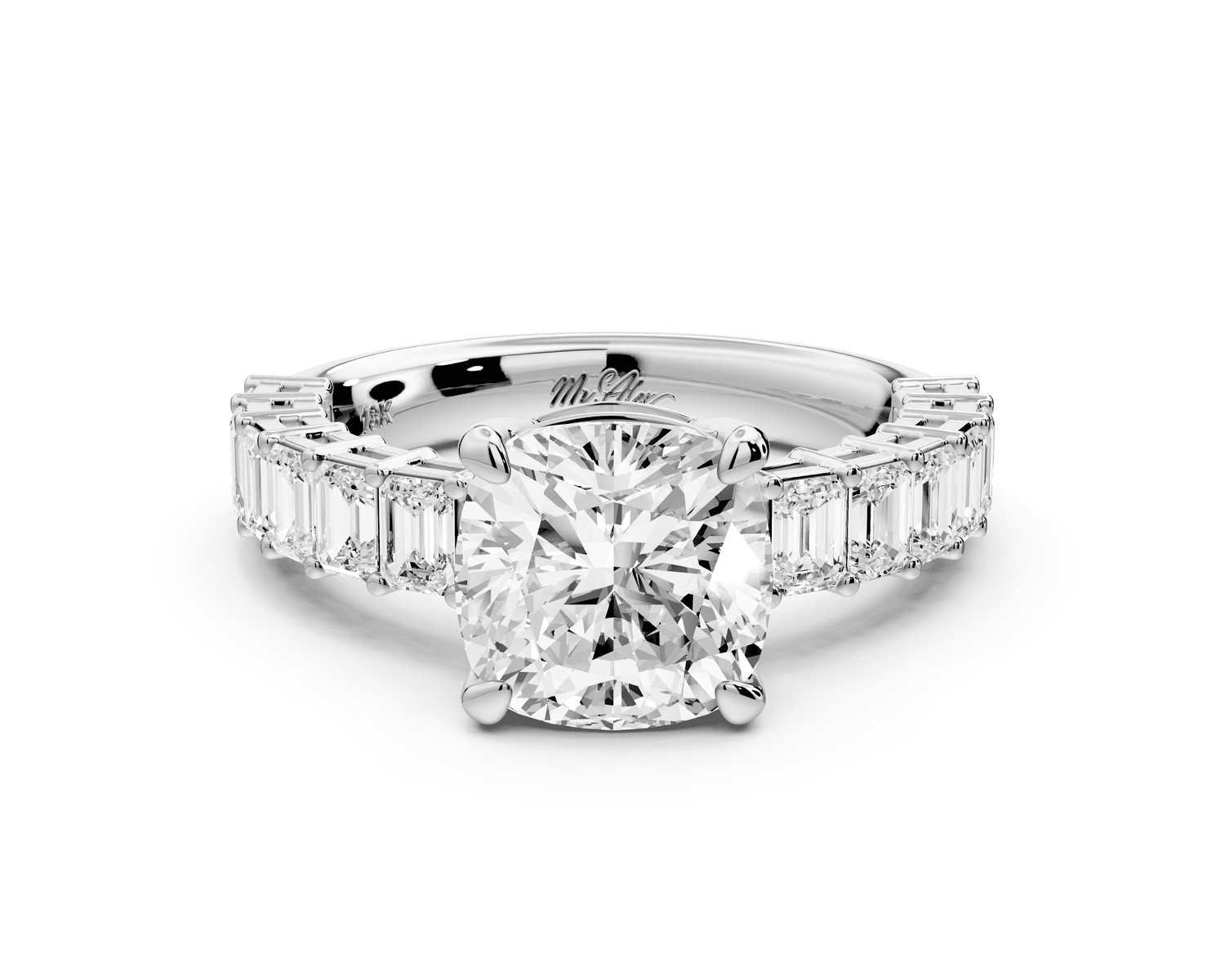 Violetta - 2ct 14k white gold cushion diamond with emerald cut accent stones engagement ring - Mr. Alex Jewelry